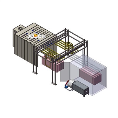 Trasportatore industriale che sposta l'impianto completo di verniciatura a polvere